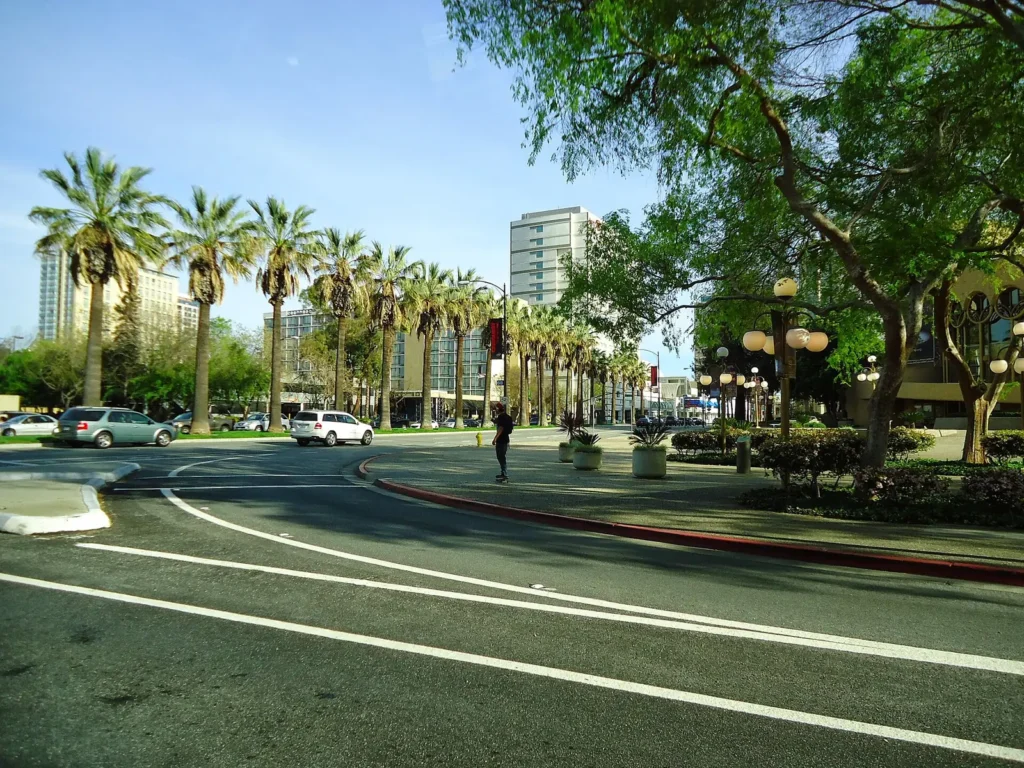 Palm-lined streets and parkland in downtown San Jose, California.