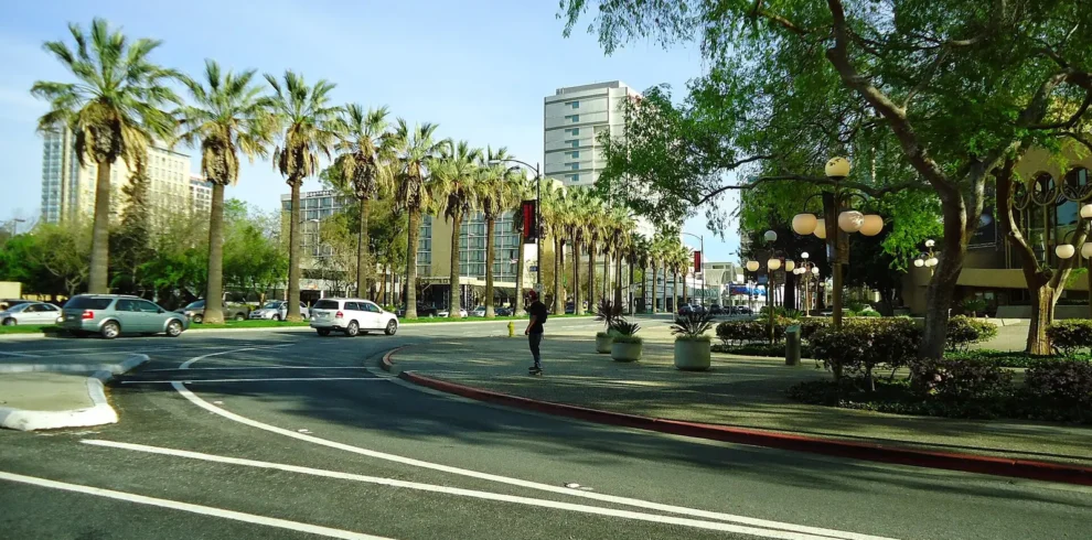 Palm-lined streets and parkland in downtown San Jose, California.