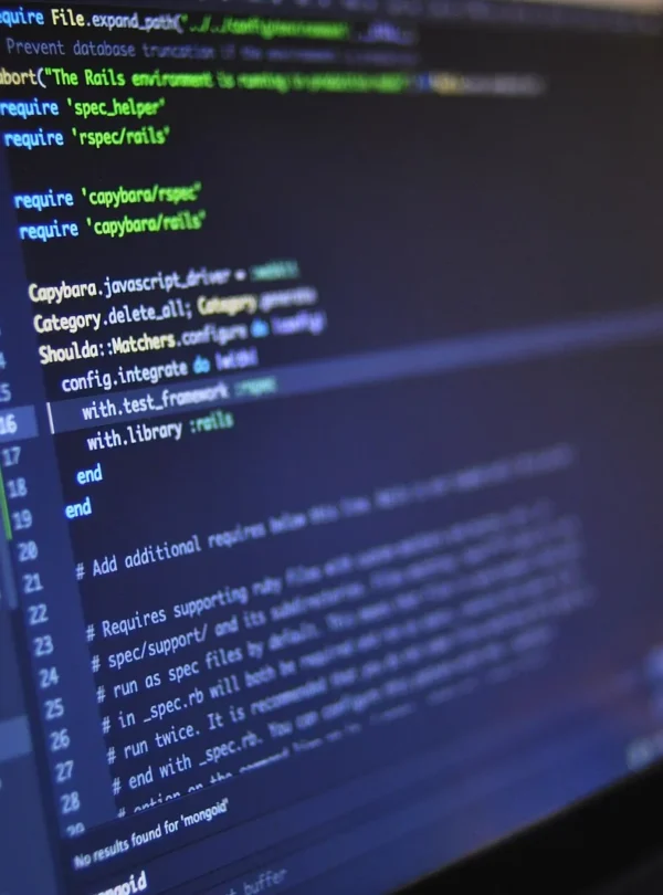 Computer screens displaying programming code in a technology workspace.
