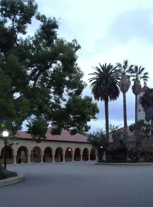Arched university buildings and palm trees on the Stanford campus at twilight.