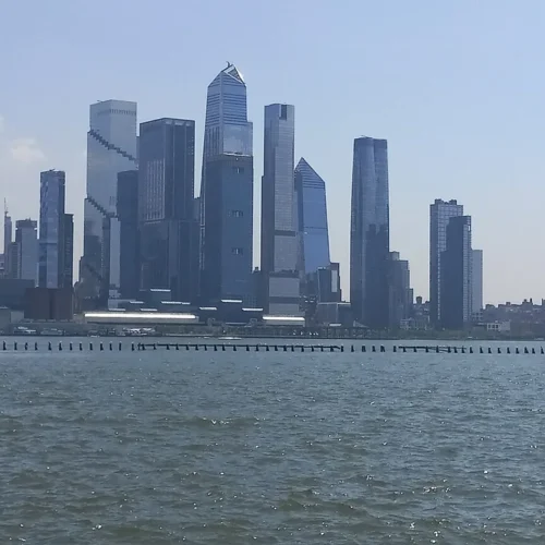 Lower Manhattan skyline viewed across the Hudson River.