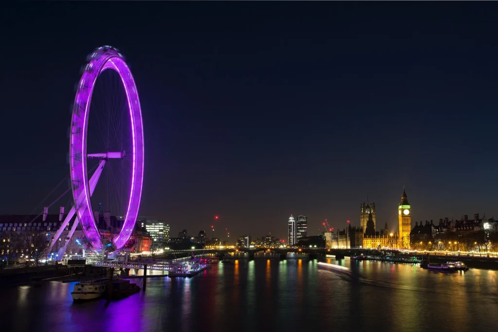 London Eye and the River Thames illuminated at night.