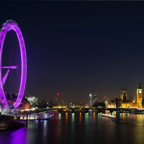London Eye and the River Thames illuminated at night.