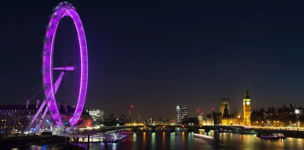 London Eye and the River Thames illuminated at night.
