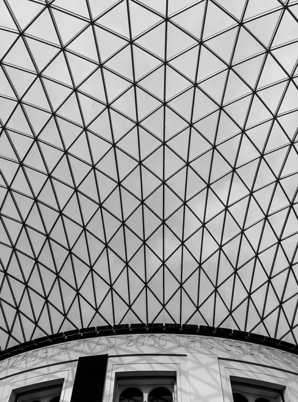Geometric glass roof above the British Museum Great Court in London.