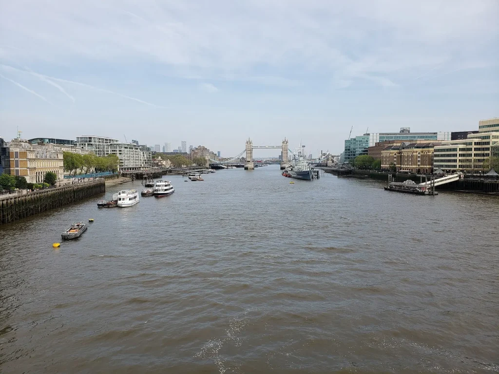 River Thames viewed from London Bridge toward Tower Bridge.