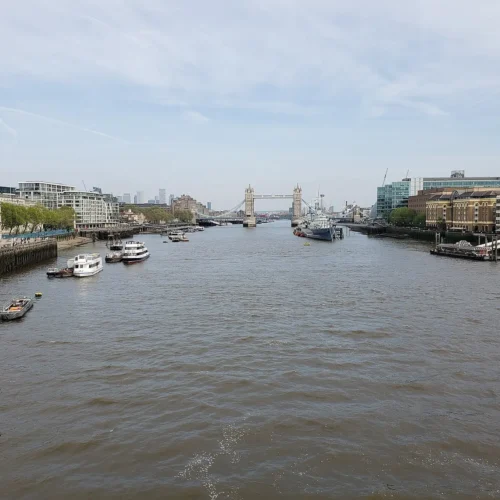 River Thames viewed from London Bridge toward Tower Bridge.