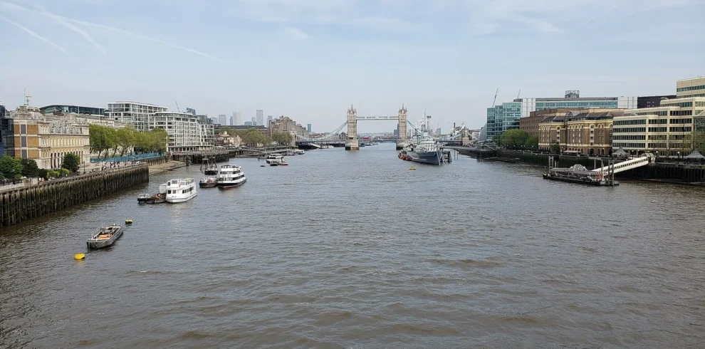 River Thames viewed from London Bridge toward Tower Bridge.