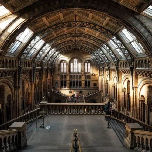 Arched galleries and central hall of London’s Natural History Museum.