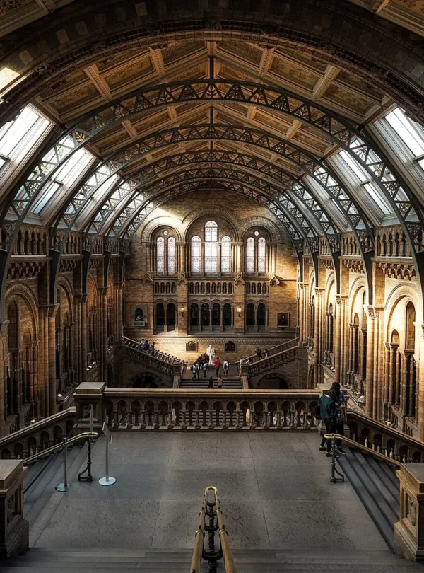 Arched galleries and central hall of London’s Natural History Museum.