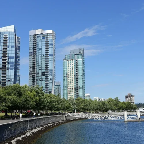Vancouver waterfront skyline viewed from the seawall.