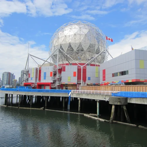 Science World’s geodesic dome beside False Creek in Vancouver.