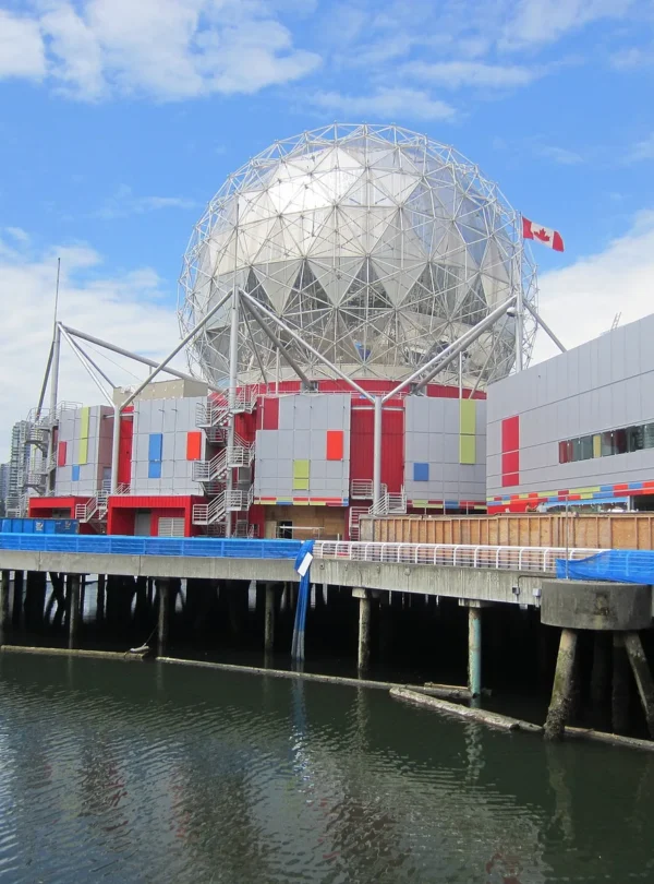 Science World’s geodesic dome beside False Creek in Vancouver.