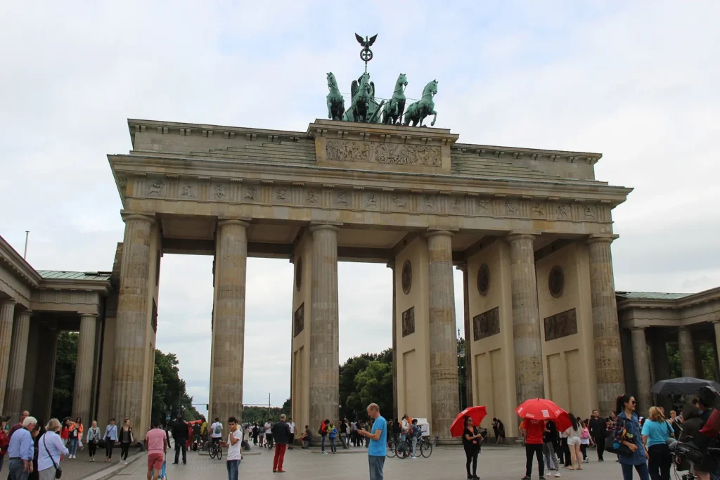Brandenburg Gate in Berlin with its historic columns and quadriga sculpture.