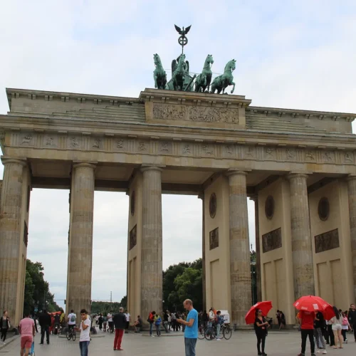 Brandenburg Gate in Berlin with its historic columns and quadriga sculpture.