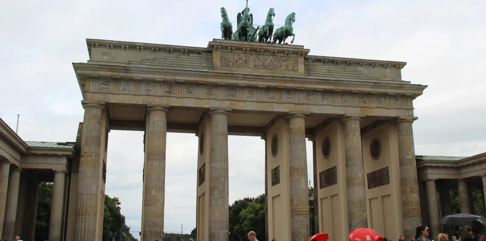 Brandenburg Gate in Berlin with its historic columns and quadriga sculpture.