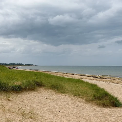 Dunes and coastline at Juno Beach in Normandy, France.