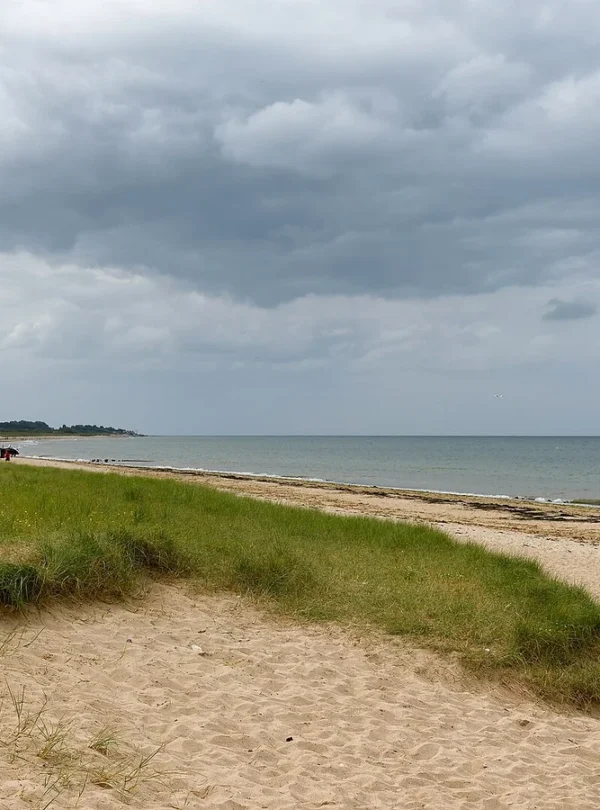 Dunes and coastline at Juno Beach in Normandy, France.