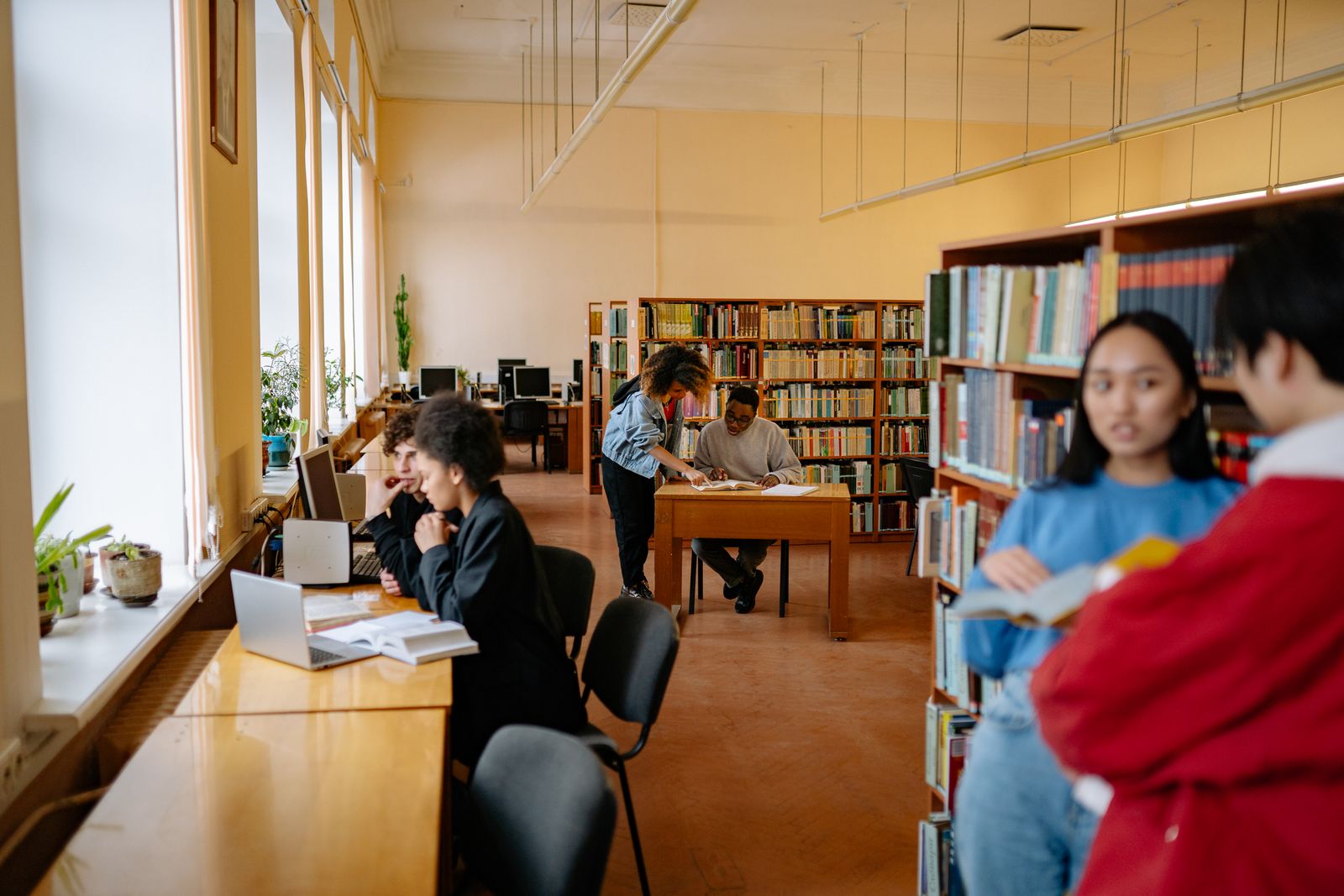 People reading and studying at tables in a sunlit library.